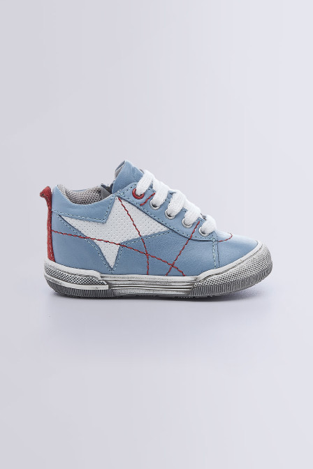 Baskets montantes pour garçon Zlat jean et rouge - chaussures pour bébé de la marque Mod 8 - Kids and Co